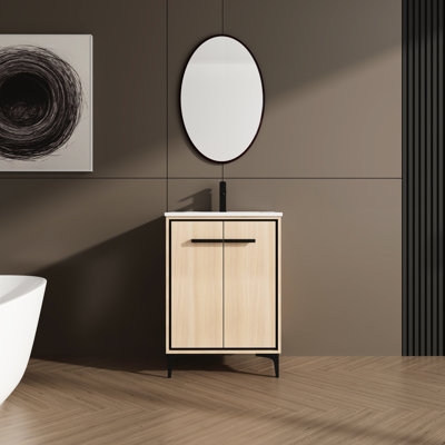 Meuble-lavabo de 61 cm avec lavabo et rangement, structure en bois d'ingénierie, protection intégrée, montage facile, style américain, couleur chêne.