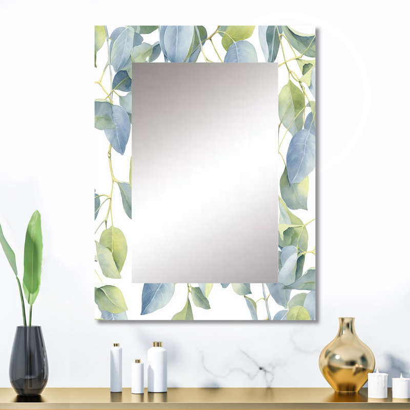 Blanc blanc vert minimalisme eucalyptus Essence II - miroir mural floral unique, miroir traditionnel, impression d'art en métal