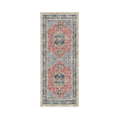 Marrakesh Vintage Floral Machine Washable Blue / Red Indoor Area Rug with Non-Slip Backing