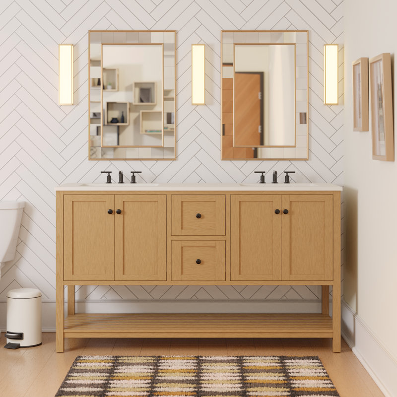 Ensemble de meuble-lavabo double 60 po Binne, Blanc d'ingénierie, Blond