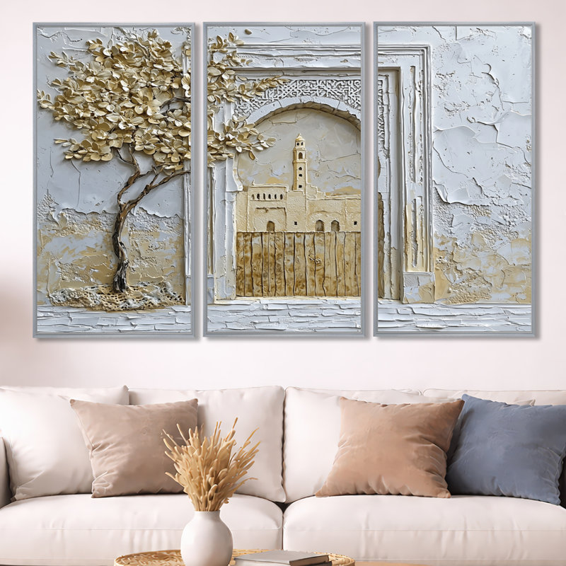 Maroc, médina d'or de Fès - ensemble d'art mural Maroc, H 40 po x l 60 po x P 1 po, Toile argentée avec cadre flottant