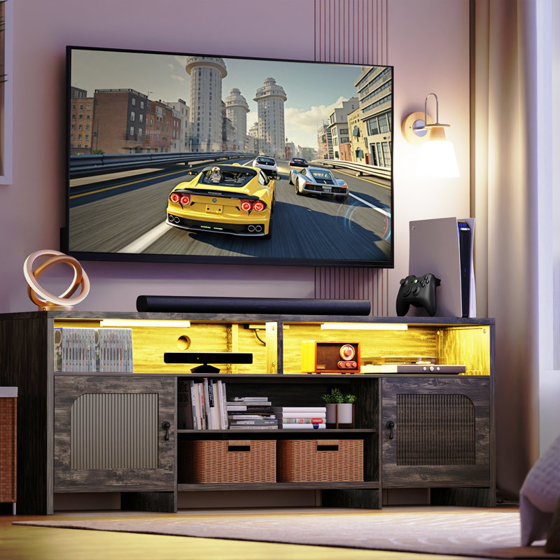 70.1“ W Modern Fluted TV Stand For TVs Up To 80" With LED Light And Charging Station, Wood Media Console Table with Sound Bar Shelfves, Multimedia Storage Furniture With Cabinets and Open Storage