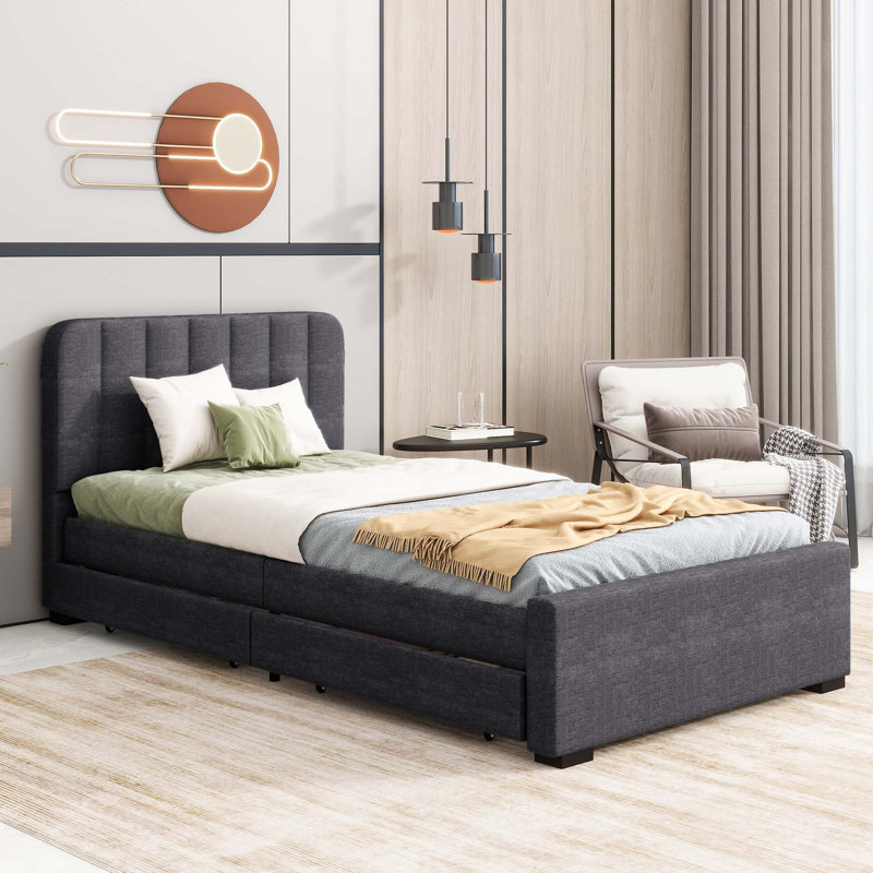 Base de lit plateforme simple avec 2 tiroirs de rangement et tête de lit avec port USB