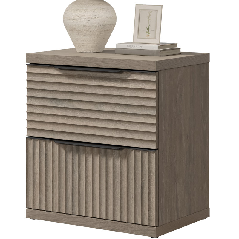 Table de chevet moderne à 2 tiroirs cannelée, Aulne gris