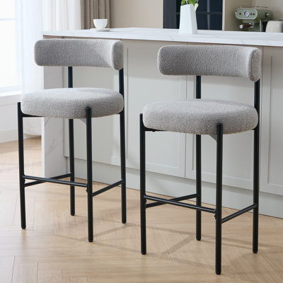 30" Bouclé Upholstered Bar Stool with Curved Low Back and Metal Frame