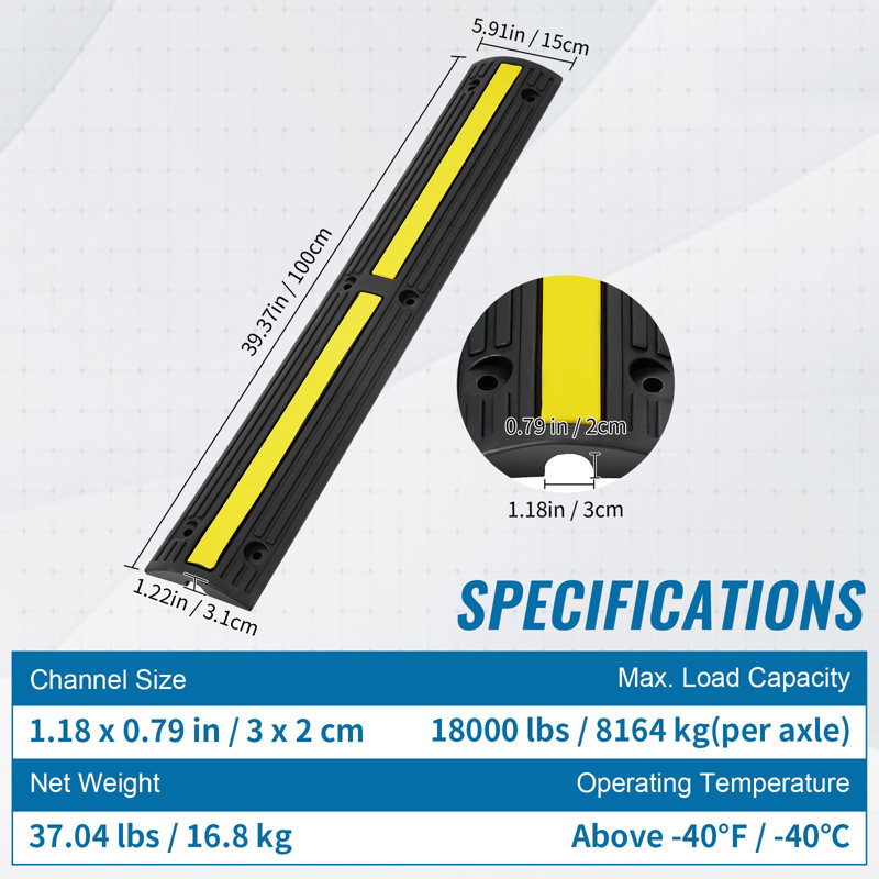 Rampe de protection de câble en caoutchouc de 39,37 po x 5,91 po x 1,22 po à 4 canaux, 1 canal, noir / jaune avec capacité de charge de 18 000 lb / essieu
