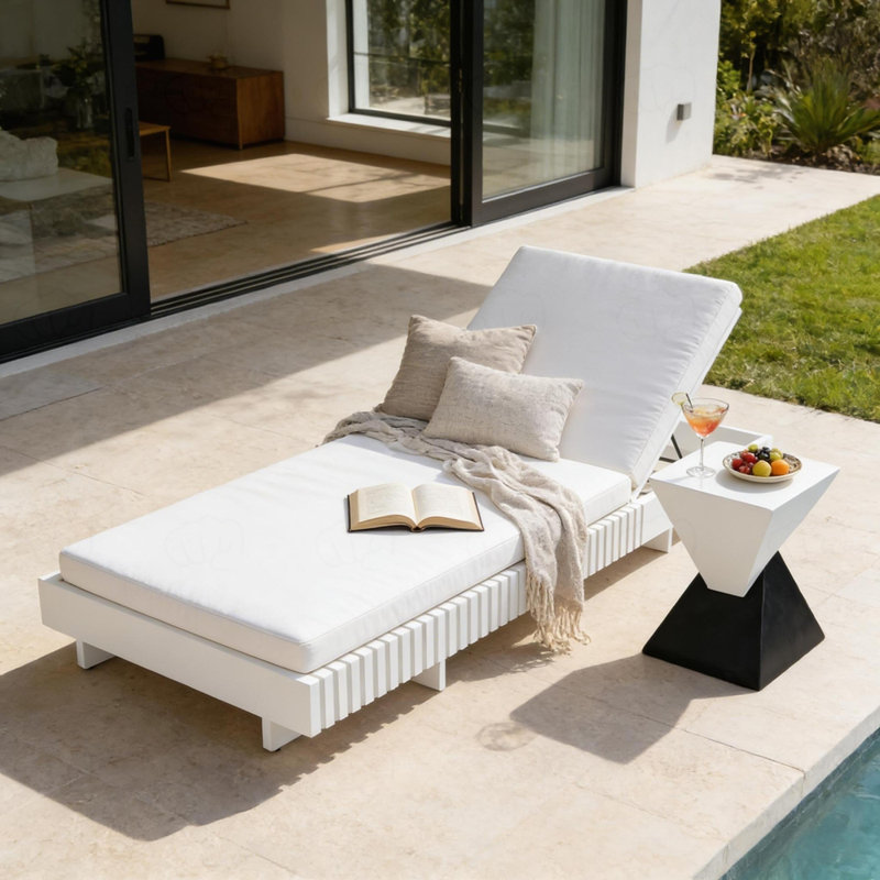 Chaise longue d'extérieur avec coussin hydrofuge crème