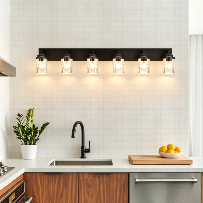 Luminaire de salle de bain 6 lumières noir, luminaire mural moderne avec abat-jour en verre nervuré transparent, applique murale industrielle pour miroir de salle de bain, cuisine, salon, base E26