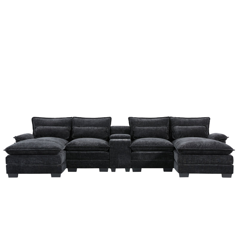 Canapé modulaire rembourré en U avec méridienne Clidie, Black Chenille