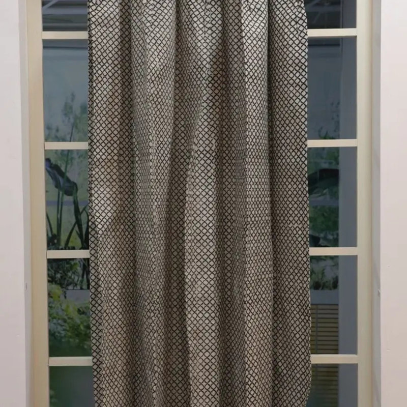 Black Soft Pure Linen Drape Block Print, Pleated Pinch Curtain for Blackout Room Darkening, Home Décor Bedroom, Kitchen or Office, Kabutar Jaal