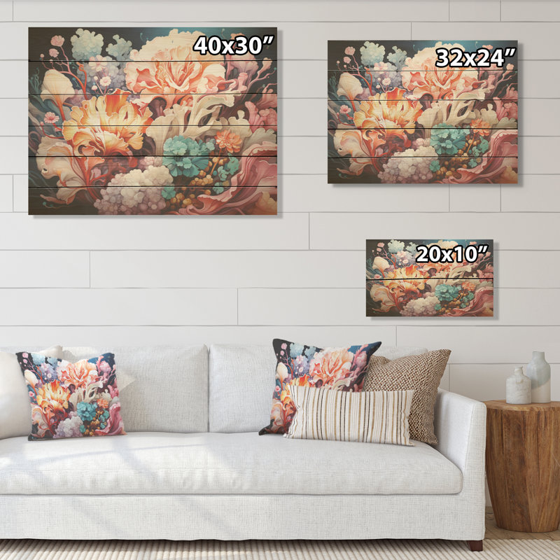 Danse anémone rose - corail côtier sous l'eau, art mural sur bois de pin naturel, H 10 po x l 20 po