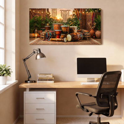 Ensemble de 1 tableau sur toile tendue représentant une scène bohème de tambours et de lanternes
