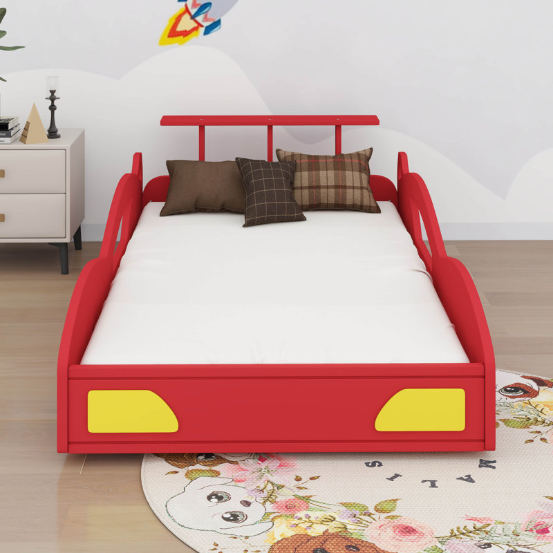 Lit plateforme simple avec roulettes, Rouge / Jaune