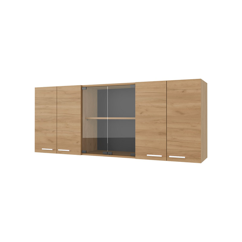 Armoire murale en mélamine avec 4 portes et rangement en verre, Chêne clair