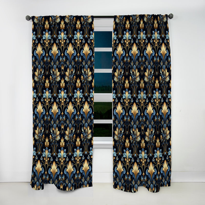 Gold And Blue Luxury Damask Pattern - Glam Curtain - Velvet Room Darkening - 1 Panel, 52" W x 95" L