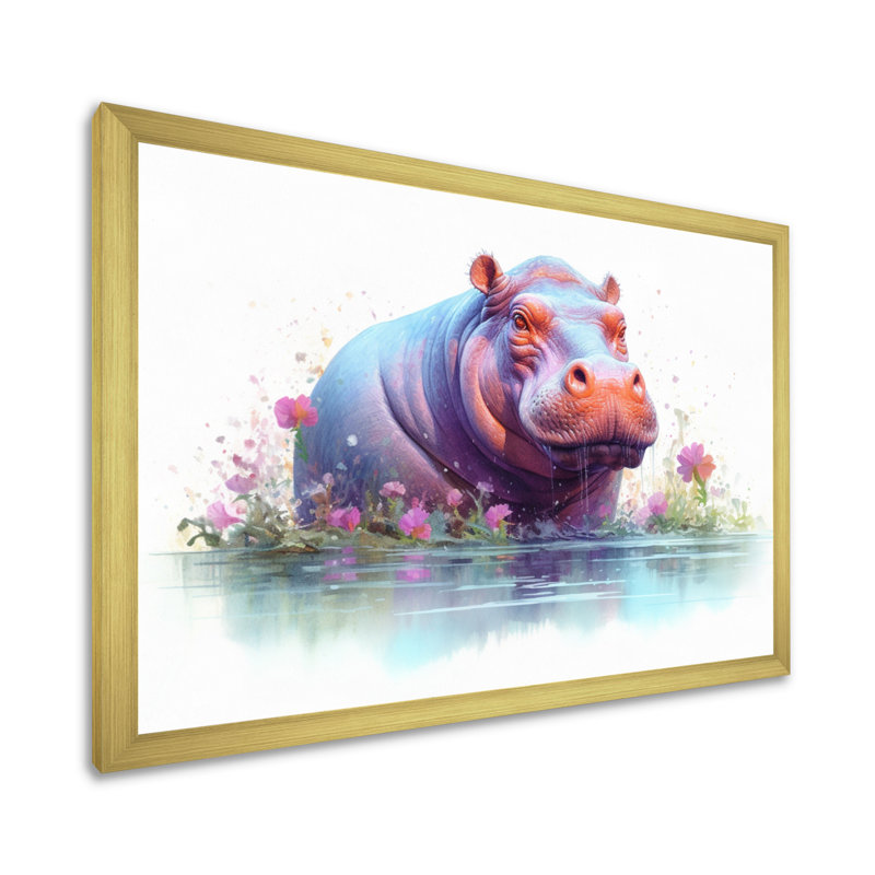 Hippopotame animé sur toile, H 30 po x l 40 po x P 1,5 po, Cadre doré à une seule photo