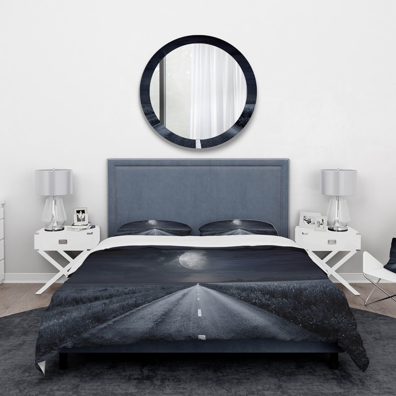 Asphalt Road Under Cloudy Full Moon III - Ensemble de housse de couette nautique et côtier - Polyester en microfibre