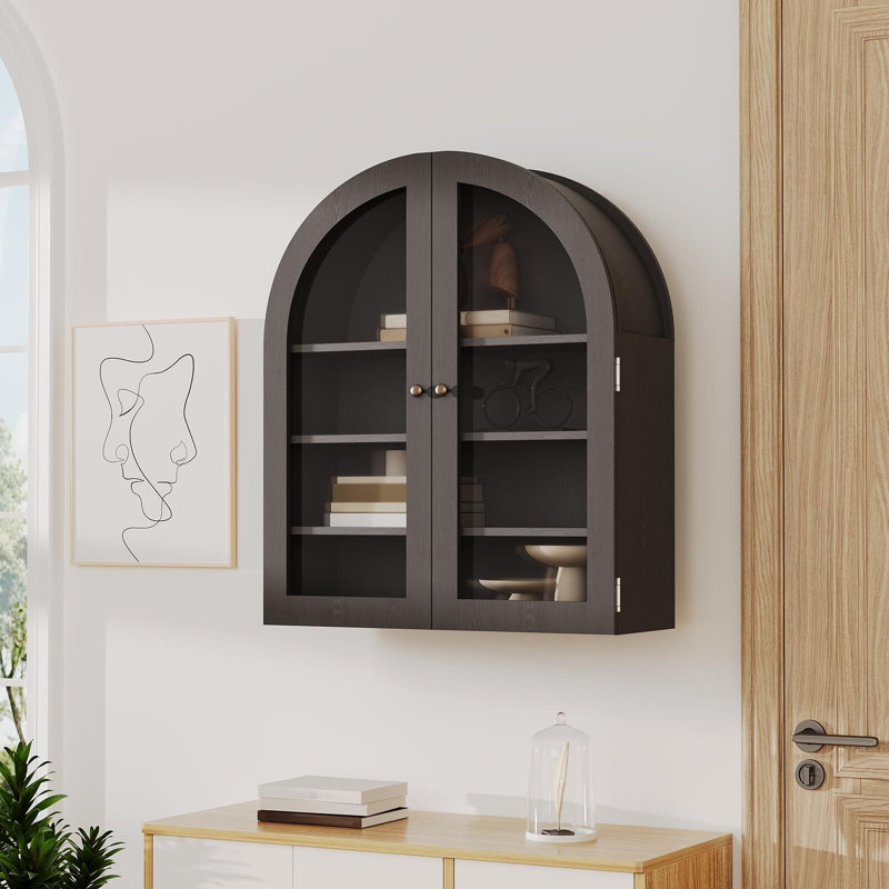 24" Wide Arched Wall Mounted Bathroom Cabinet with Adjustable Shelves and Clear Door, Matte Black