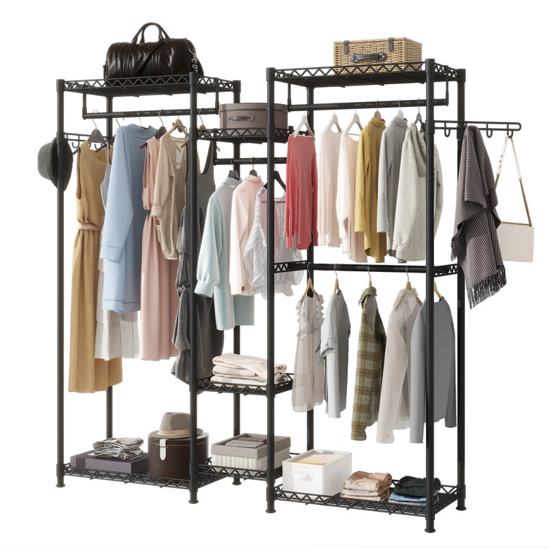 Portant à vêtements robuste en métal 77,17 po, avec tablettes réglables et solides, portatif avec crochets