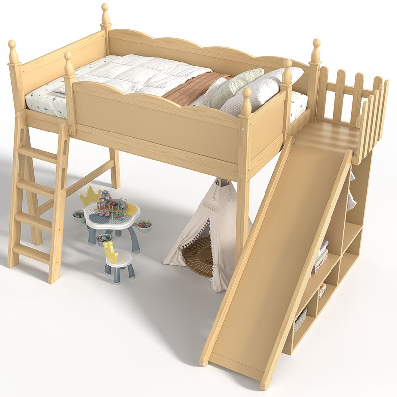 Lit mezzanine simple avec tablettes de rangement et garde-robe, Naturel
