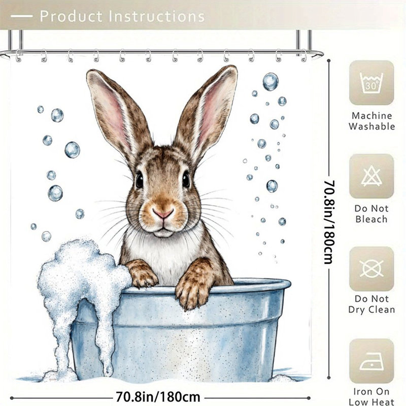 Rideaux de douche Bunny Bath Time pour salle de bain, 71 po x 71 po, Lapin gris