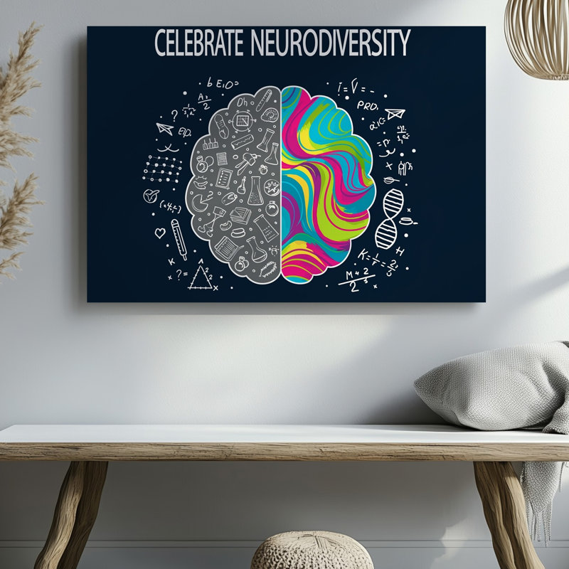 "Toile", créant une illustration vibrante mettant en vedette un motif de cerveau divisé contre un art mural sur fond noir uni avec l'hémisphère gauche