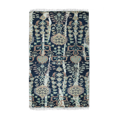 Marianely Blue Hand Knotted Wool Contemporary Floral Area Rug