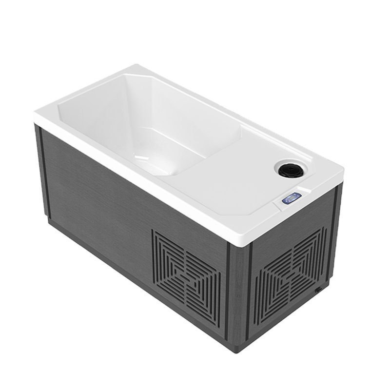 Icelin Indoor/Outdoor Cold Plunge Tub with Integrated Chiller, Temperature Control Panel, LED Light, Water Jets & Built‑In Seat – Freestanding Wooden Acrylic Design