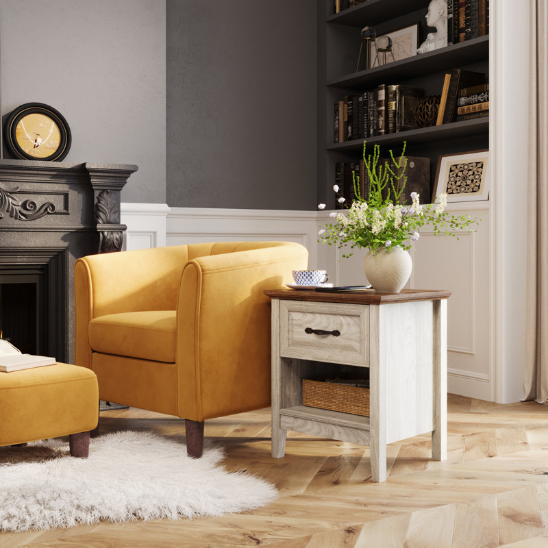 Table de chevet avec station de charge et rangement, table de chevet avec tiroir Anyah Farmhouse, Beige