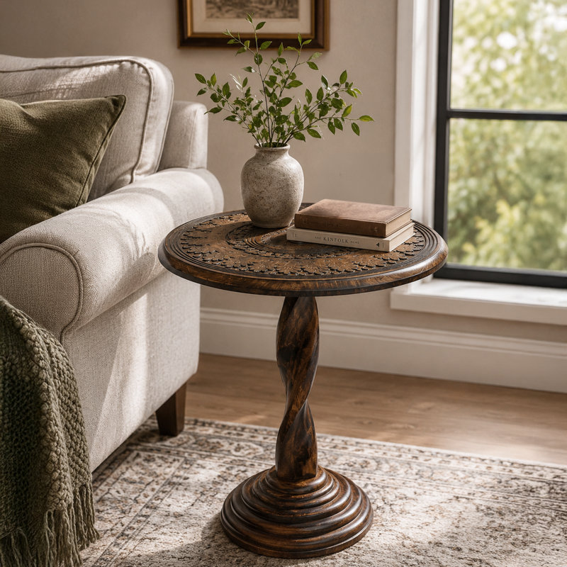 Jem 22 Inch Side End Table, Round Top, Hand Carved Boho Mandala Design With Twisted Base, Brown Mango Wood