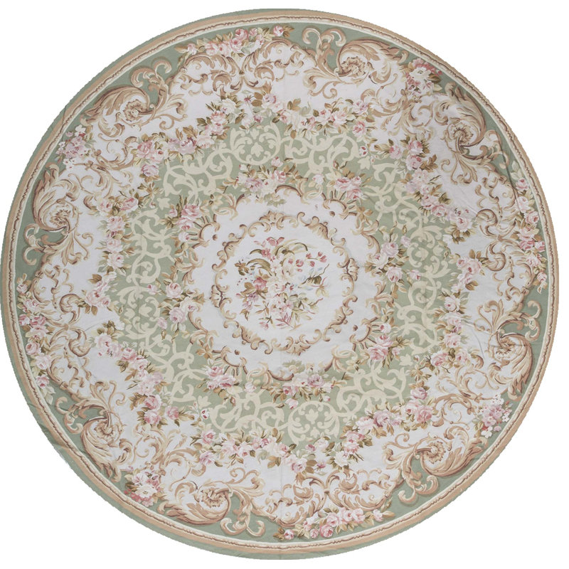 Hand-Knotted High-Quality Green and Ivory Round Area Rug