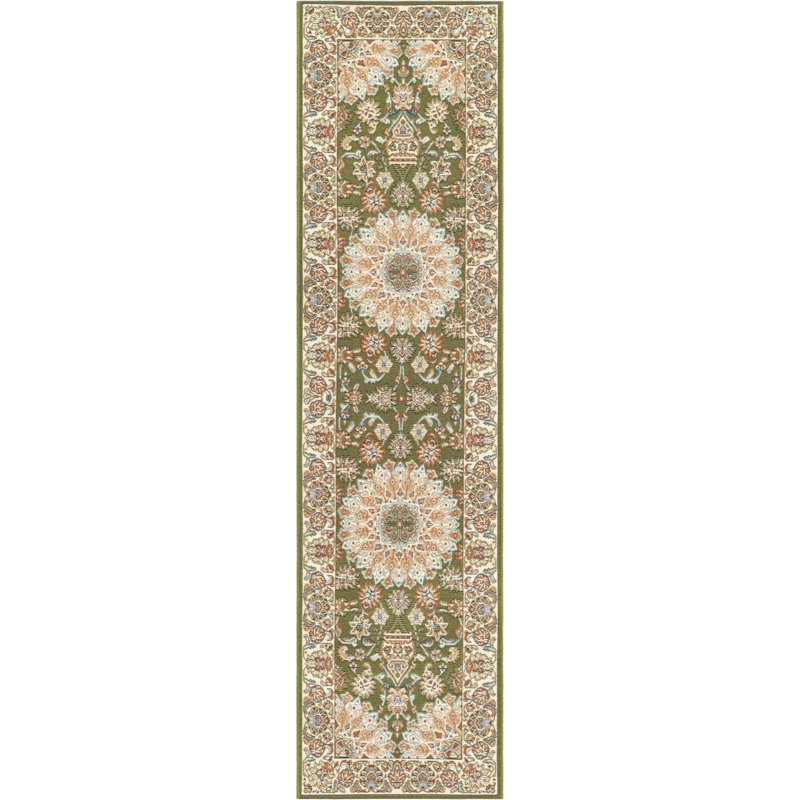 Tapis de couloir traditionnel de couleur verte Tollefson, Tapis de couloir 2 pi x 8 pi