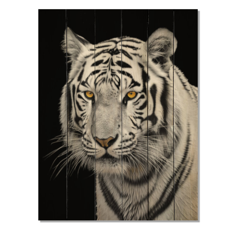 Tigre blanc féroce sur bois, H 40 po x l 30 po x P 0,78 po