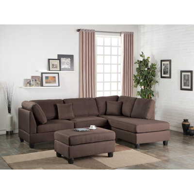 Chocolate Color 3Pcs Sectional Living Room Furniture Reversible Chaise Sofa And Ottoman Polyfiber Linen Like Fabric Cushion Couch