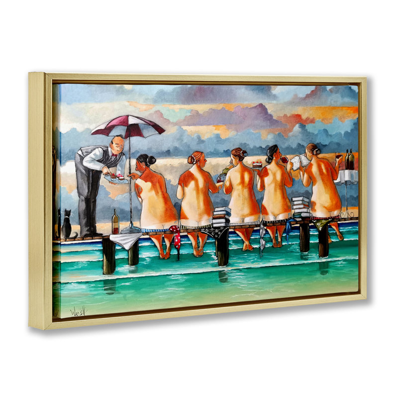Cadre flottant The Book Club Beachgoers, design par Ronald West, H 17 po x l 25 po, Cadre flottant métallique doré