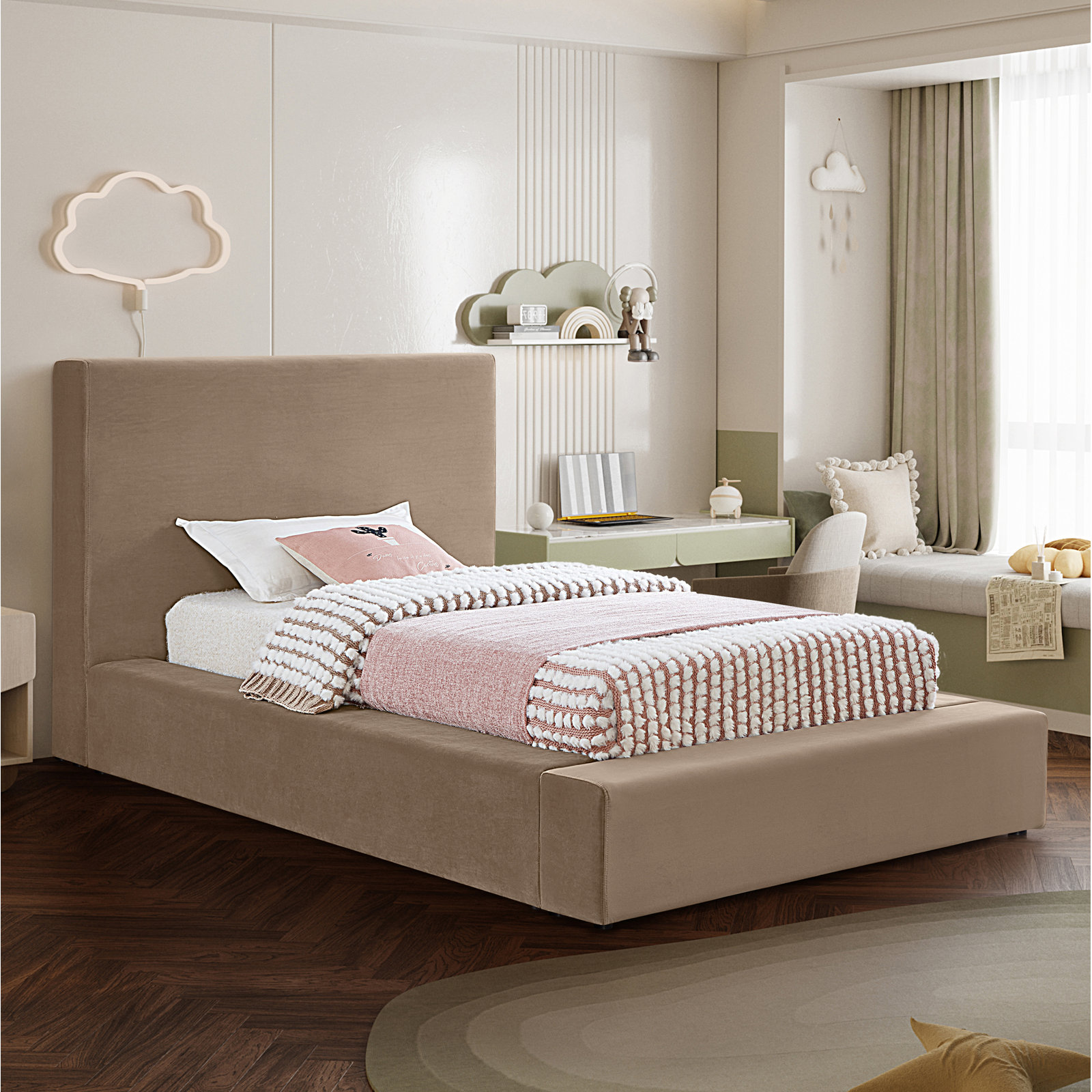 Ishia Velvet Upholstered Bed, Twin, Taupe Velvet