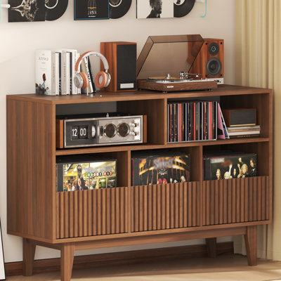 48.4'' W Record Player Stand With 3 Drawers, Vinyl Record Storage Display Cabinet, Mid-Century Turntable Stand