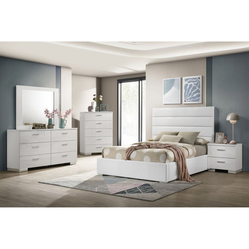 Ensemble de chambre à coucher double 4 pièces Dulcey, 4 Pcs: Bed, Nightstand, Dresser, Mirror