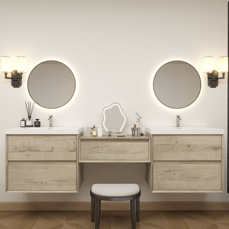 Meuble-lavabo mural Aliki avec évier en acrylique renforcé, Chêne clair