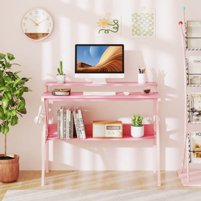Home Office Desk with Monitor Stand, Open Shelf & Metal Frame, Earphone Hook