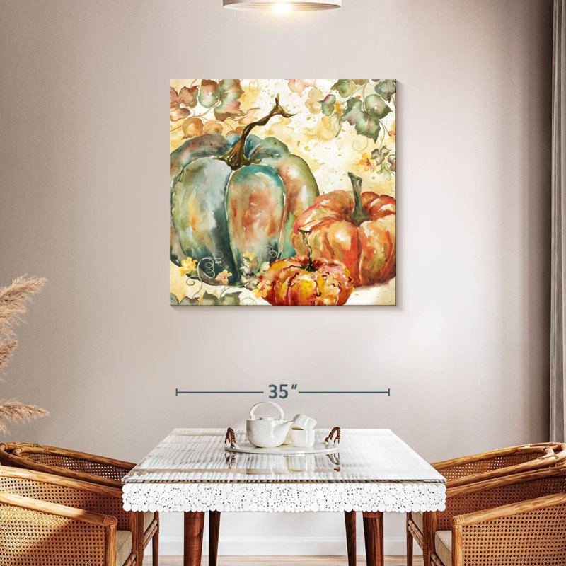 Yarlin, récolte d'aquarelle bleu sarcelle citrouilles I, H 36 po x l 36 po
