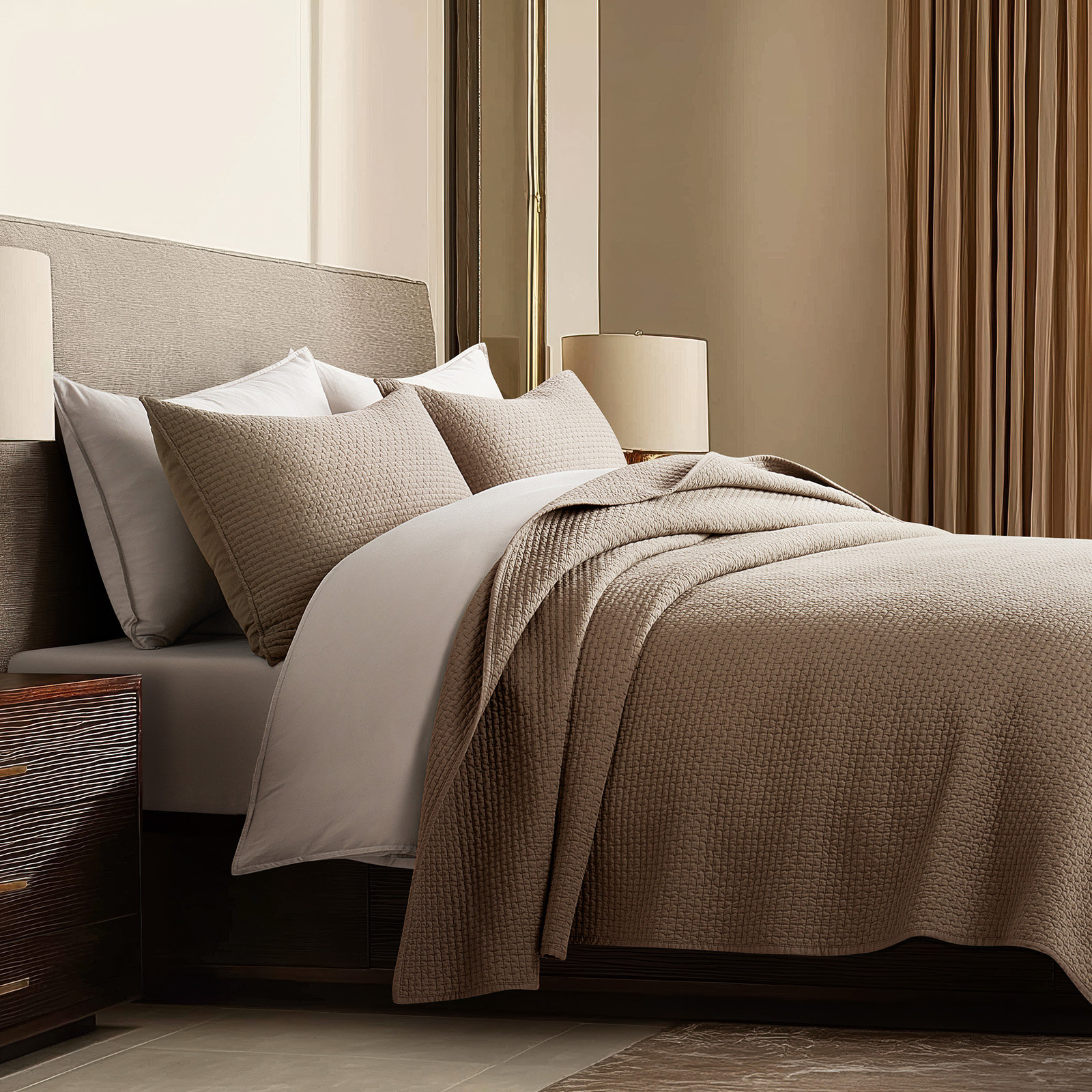 Cotton Sateen Quilt Set, King Quilt + 2 King Shams, Stone Taupe