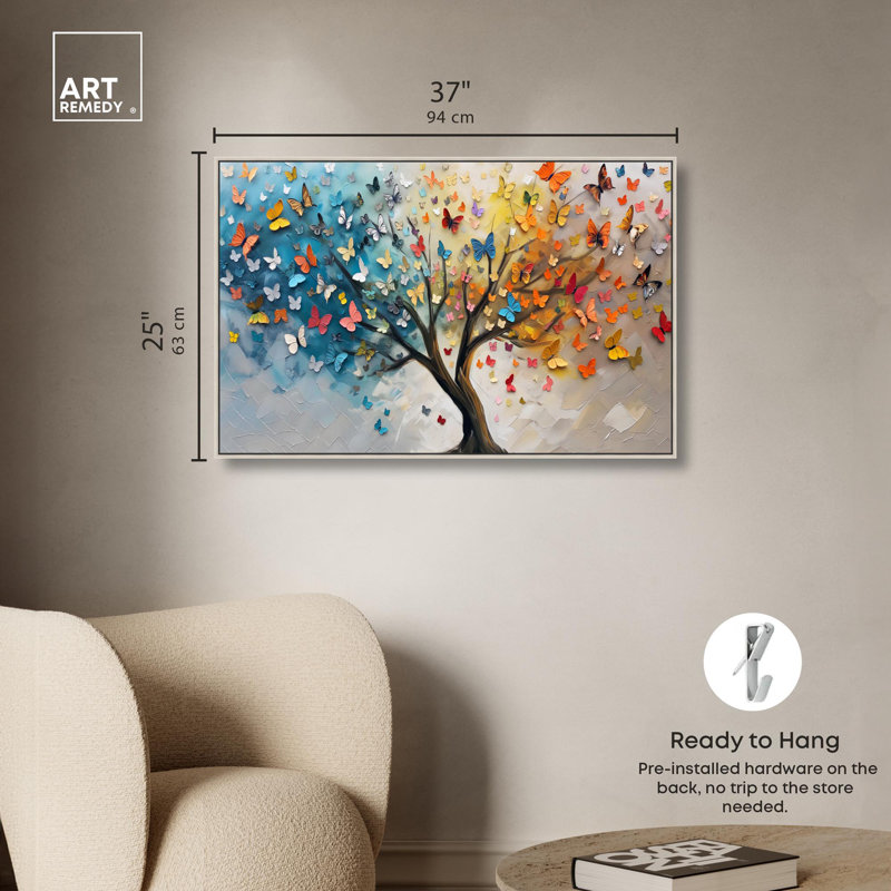 «Fluttering on Tree I», art coloré sur toile par Art Remedy, H 25 po x l 37 po x P 2 po, Encadrement argenté