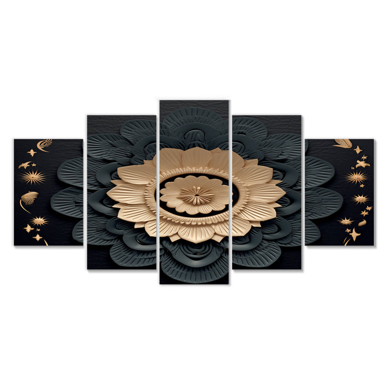 Or et fleur de lotus noir - art mural botanique pour le salon, 5 pièces, H 32 po x l 60 po