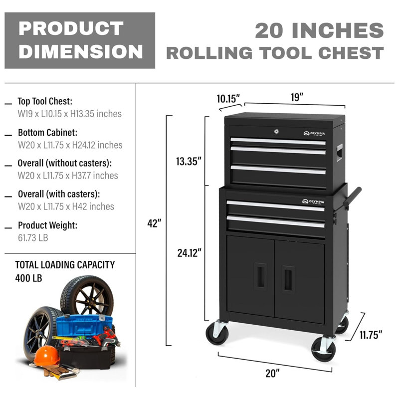 Armoire à outils roulante de 20 pouces avec 5 tiroirs, rangement verrouillable