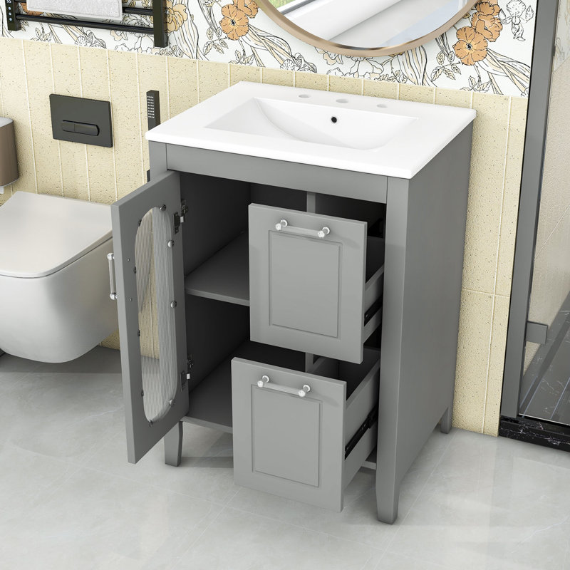 Meuble-lavabo 24 po avec lavabo, deux tiroirs et tablette réglable, Gris