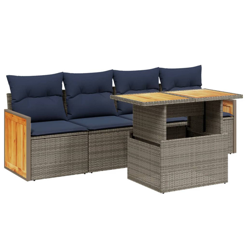  Ensemble de canapé de patio 5 pièces avec coussins en rotin de polyester, Gris, Bleu