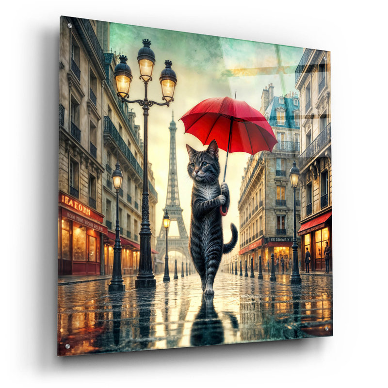  «Chat à Paris» par Rey Klimt, art mural en verre acrylique, 36 po x 36 po