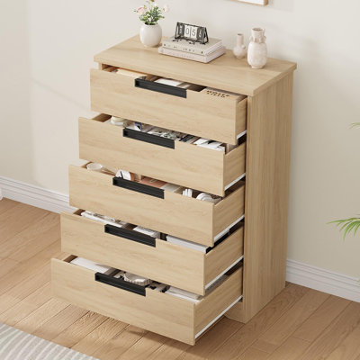 Commode 5 tiroirs avec poignées intégrées, coffre de rangement en bois pour le salon, la chambre de bébé, le couloir ou le vestibule - brun