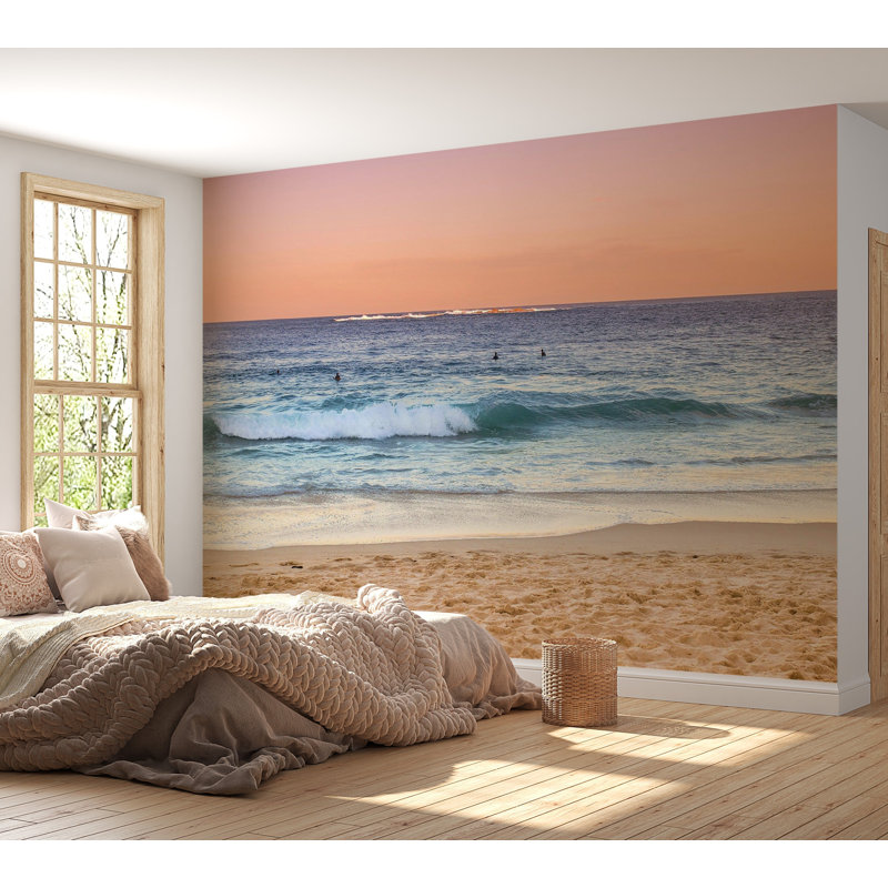 Murale pelez et collez de qualité supérieure - Surfeurs au coucher du soleil sur la plage, L 120 po x l 180 po
